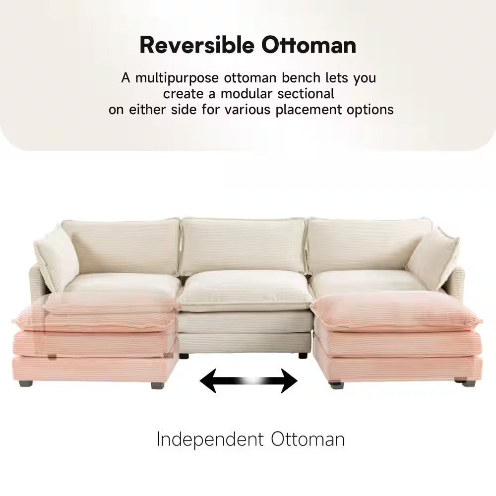 112 In. W 4-Piece Modern Straight Arm Corduroy Fabric L-Shaped Sectional Sofa with Ottoman in Beige