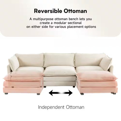 112 In. W 4-Piece Modern Straight Arm Corduroy Fabric L-Shaped Sectional Sofa with Ottoman in Beige