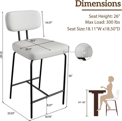 Set of 2 White PU Leather Bar Stools – 26" Counter Height with Back