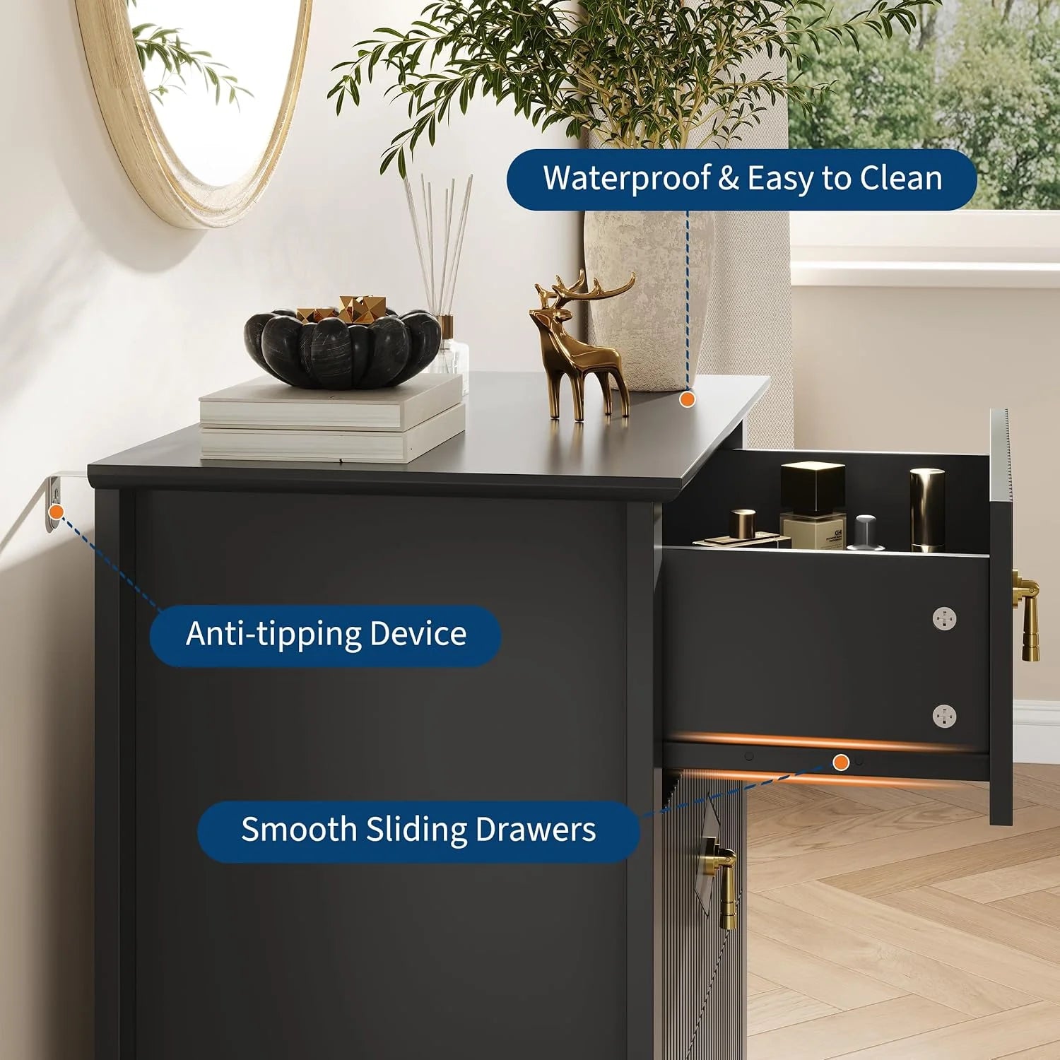 Fluted Dresser for Bedroom 27.5" Wide, 3-Drawer Wood Dresser Nightstand for Bedroom, Modern Chest of Drawers, Storage Organizer Cabinet for Living Room, Hallway, Entryway, Black