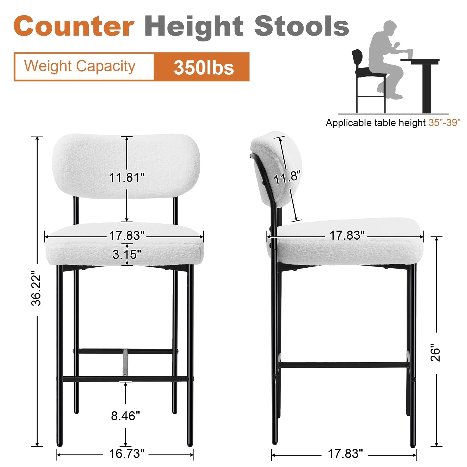 Set of 2 White Bouclé Bar Stools – 26" Counter Height with Backrest