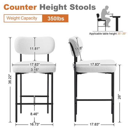 Set of 2 White Bouclé Bar Stools – 26" Counter Height with Backrest