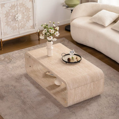Elegant Curved Light Wood Coffee Table with Open Storage for Contemporary Living Rooms