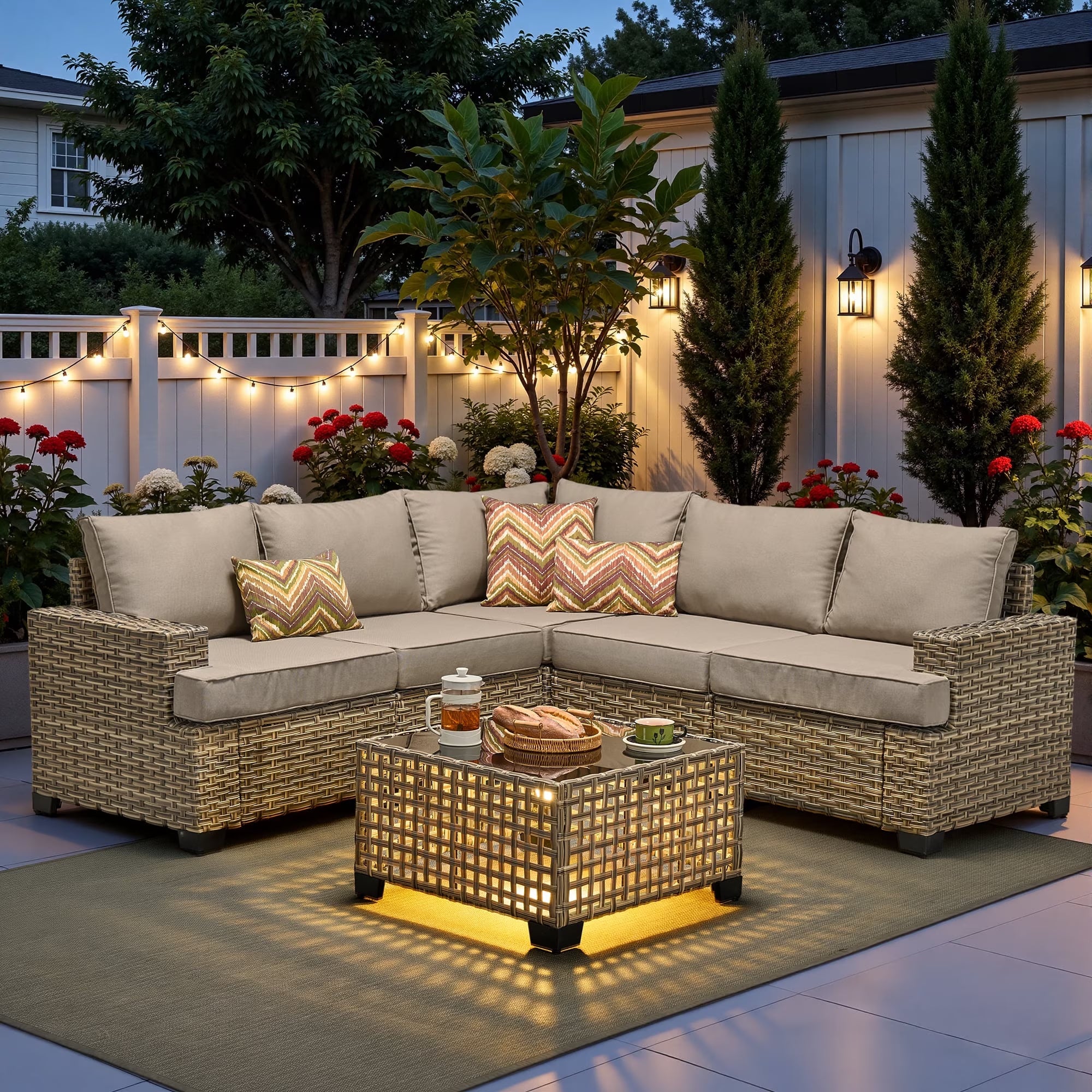 6-Piece Outdoor Patio Furniture Set with Solar-Powered Lighted Coffee Table, All-Weather Wicker L-Shaped Sectional Sofa, Beige