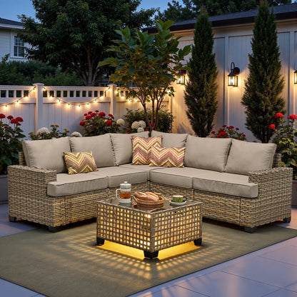 6-Piece Outdoor Patio Furniture Set with Solar-Powered Lighted Coffee Table, All-Weather Wicker L-Shaped Sectional Sofa, Beige