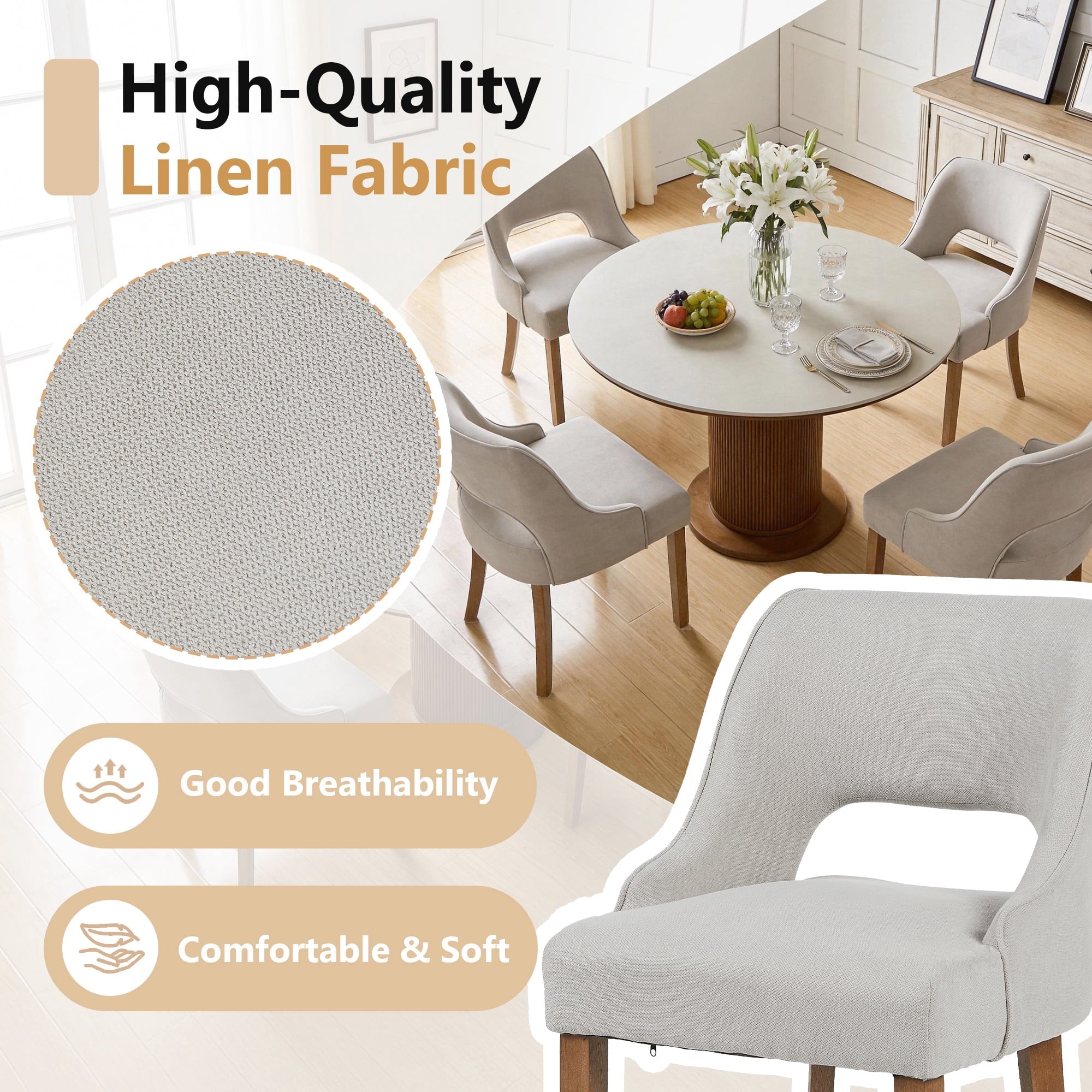 Set of 4 Modern Wooden Dining Chairs – Linen Fabric with Cutout Back
