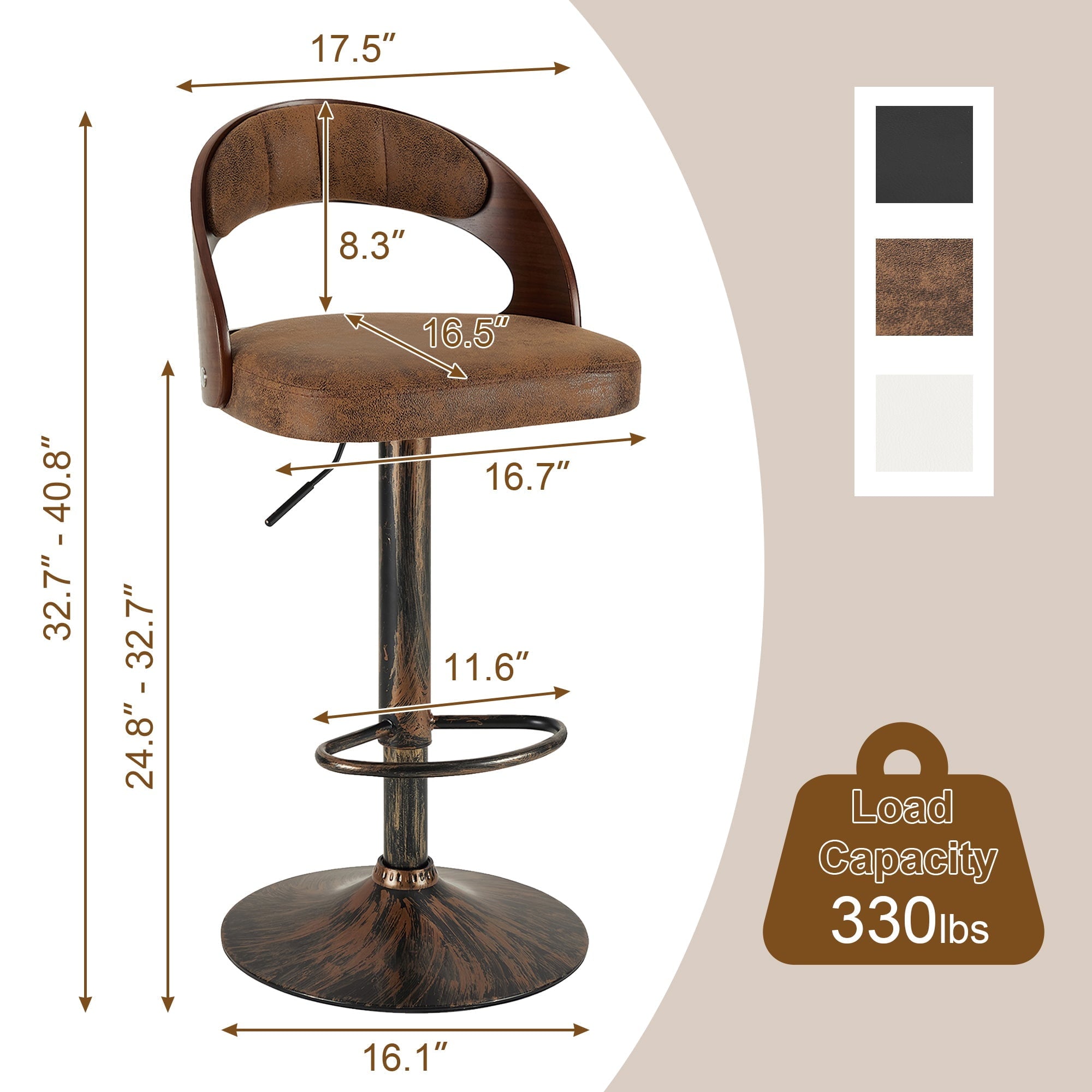 Set of 2 Swivel Bar Stools – Adjustable Height Dark Brown PU Leather