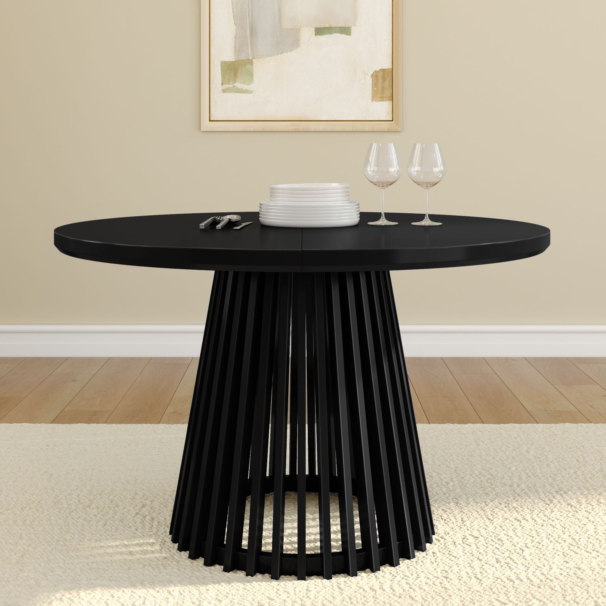 48" Lido round Dining Table, Solid Wood Minimalist Kitchen Table for 4, Black