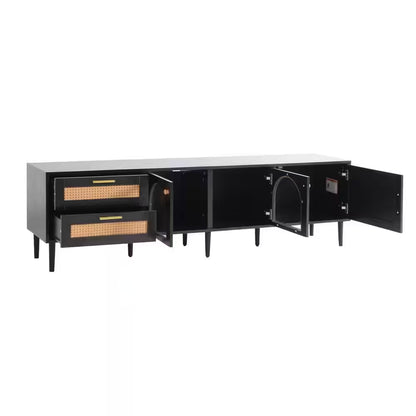 Rattan Black TV Stand Entertainment Center Fits Tv'S up to 80 In. with 2 Drawers, 3 Cabinets and LED Light