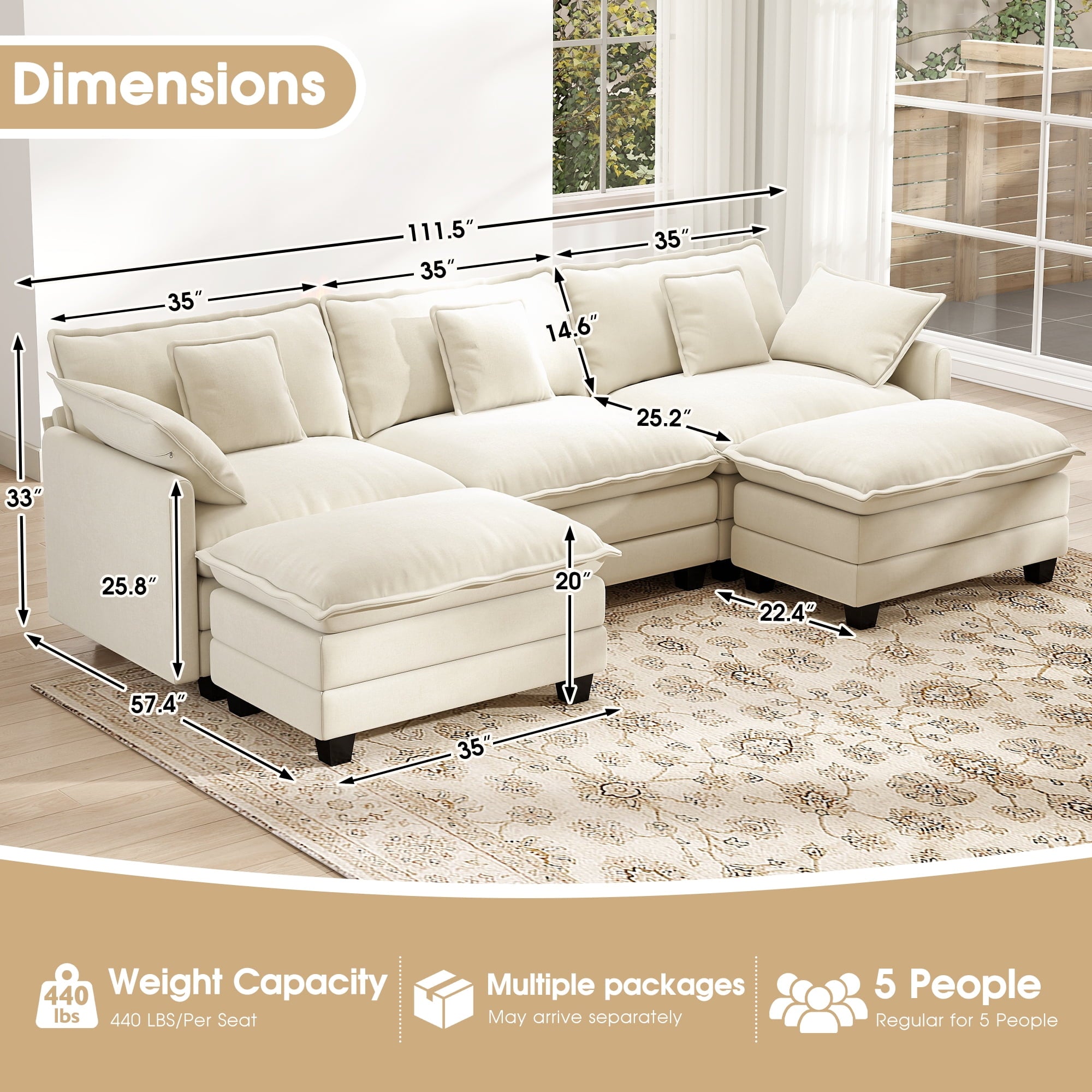 111.5" Modular U-Shaped Sectional Sofa - 3-Seat Beige Cloud Couch with Movable Ottomans
