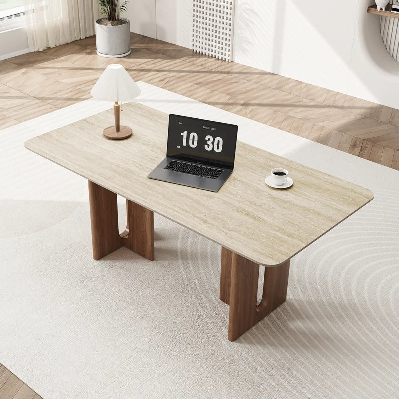 63" Modern Rectangular Writing Desk,Faux Marble Top with Travertine Texture,Double Legs with Solid Woood Veneer