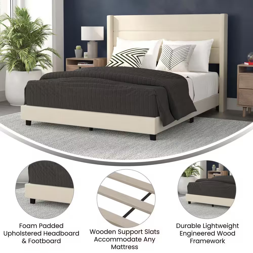 Beige Wood Frame Queen Platform Bed