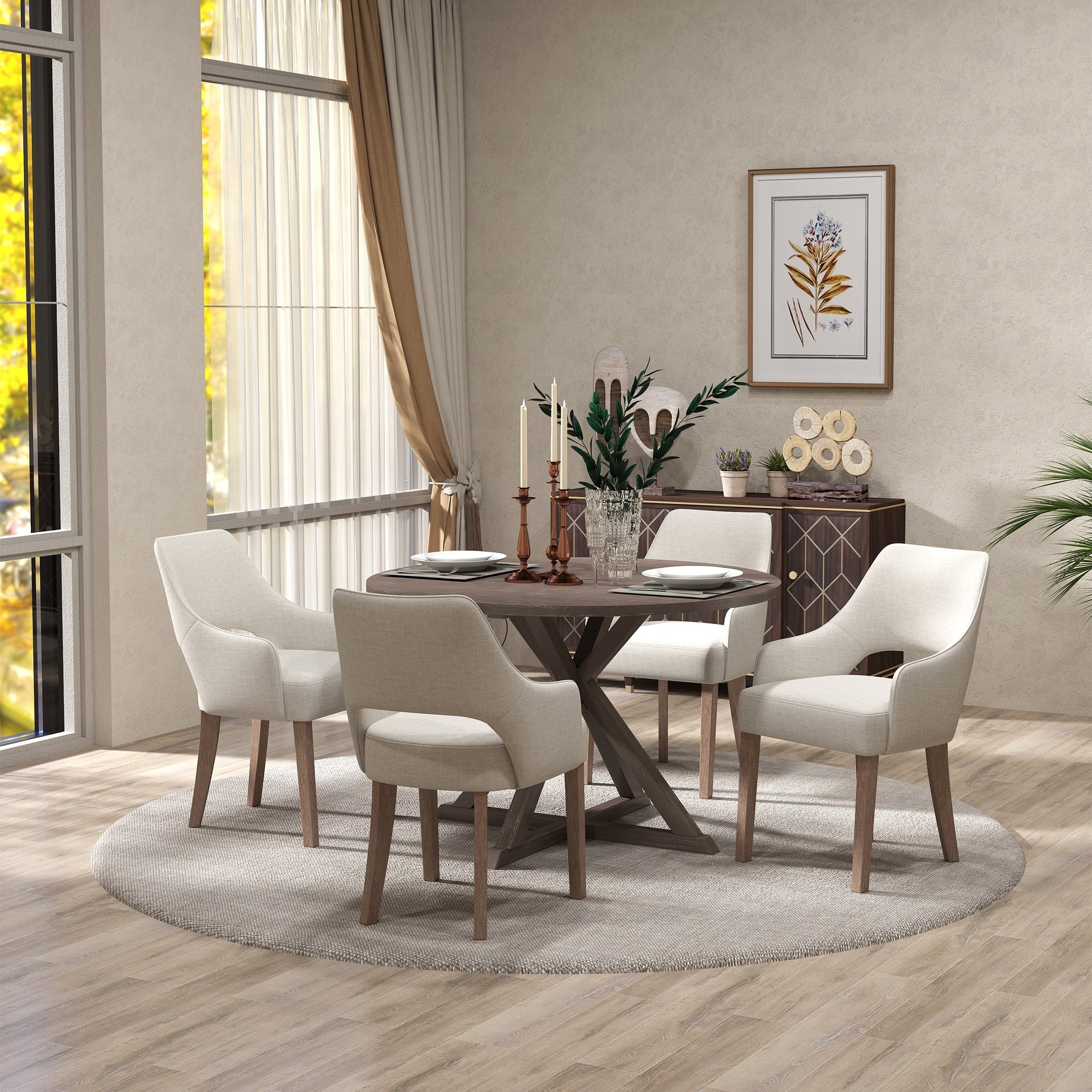 Modern Dining Chair Set of 2, Linen Upholstered Armchair Accent Side Chair with Open Back and Wooden Legs, Kitchen Chairs for Dining Room Living Room Kitchen Bedroom, Cream