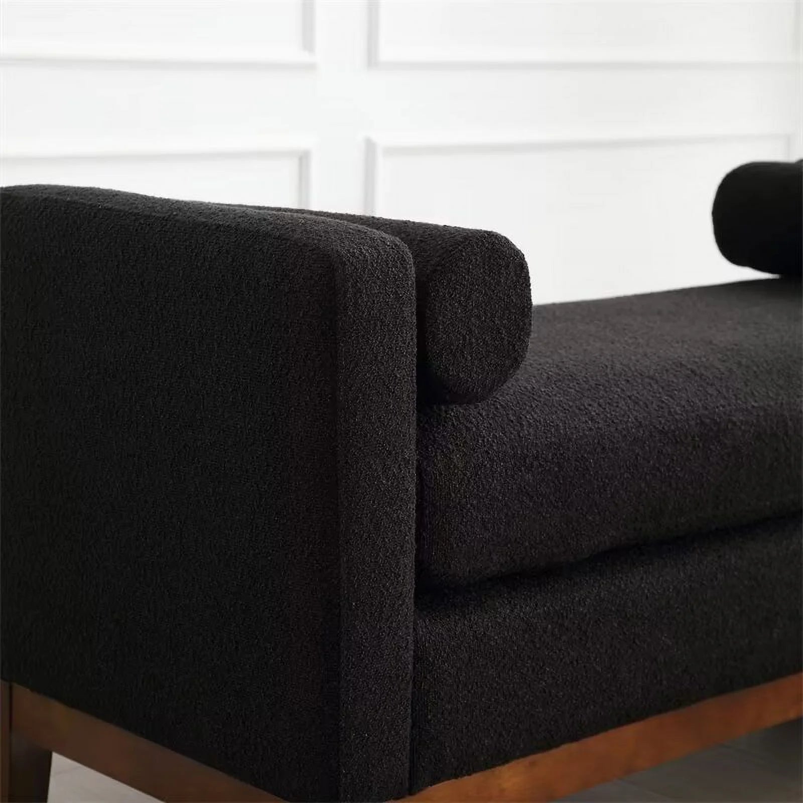 Boucle Bedroom End of Bed Bench with Wood Legs & Bolster Pillows, Black
