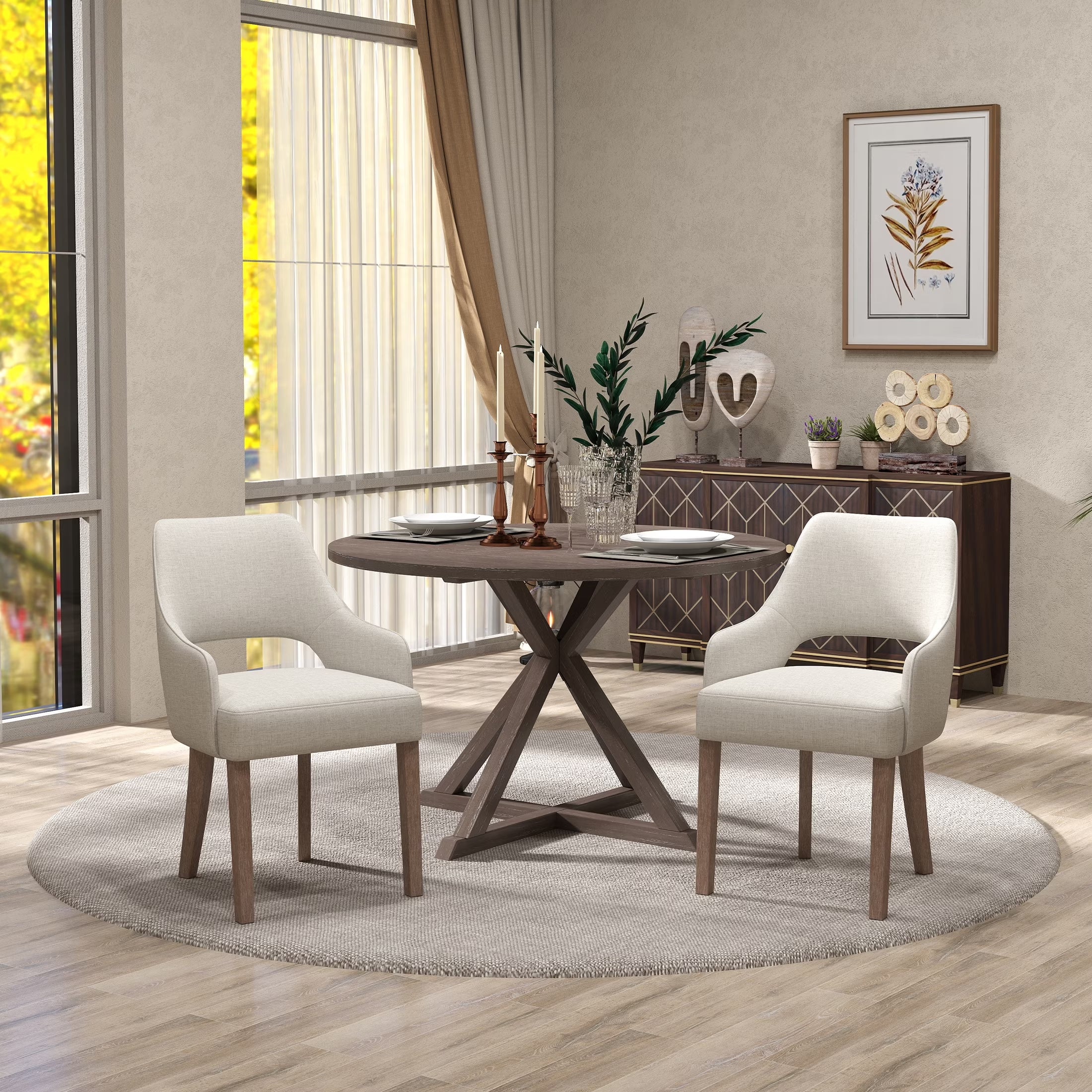 Modern Dining Chair Set of 2, Linen Upholstered Armchair Accent Side Chair with Open Back and Wooden Legs, Kitchen Chairs for Dining Room Living Room Kitchen Bedroom, Cream