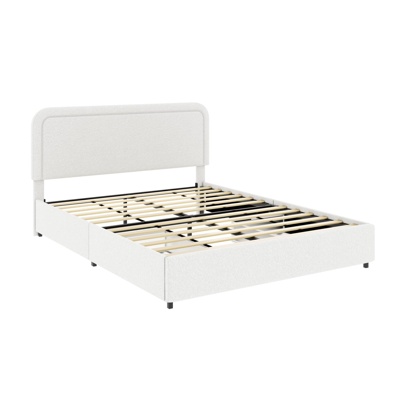 Ivory Bouclé Queen Storage Bed – Curved Tufted Headboard with 2 Drawers