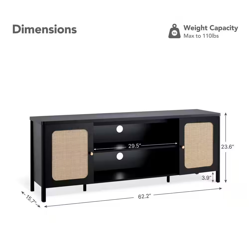 Aaron Black TV Stand Fits Tvs up to 70 In. with 2 Storage Cabinets and 2-Tier Open Shelf ,Soft-Close Hinges,Cable Ports