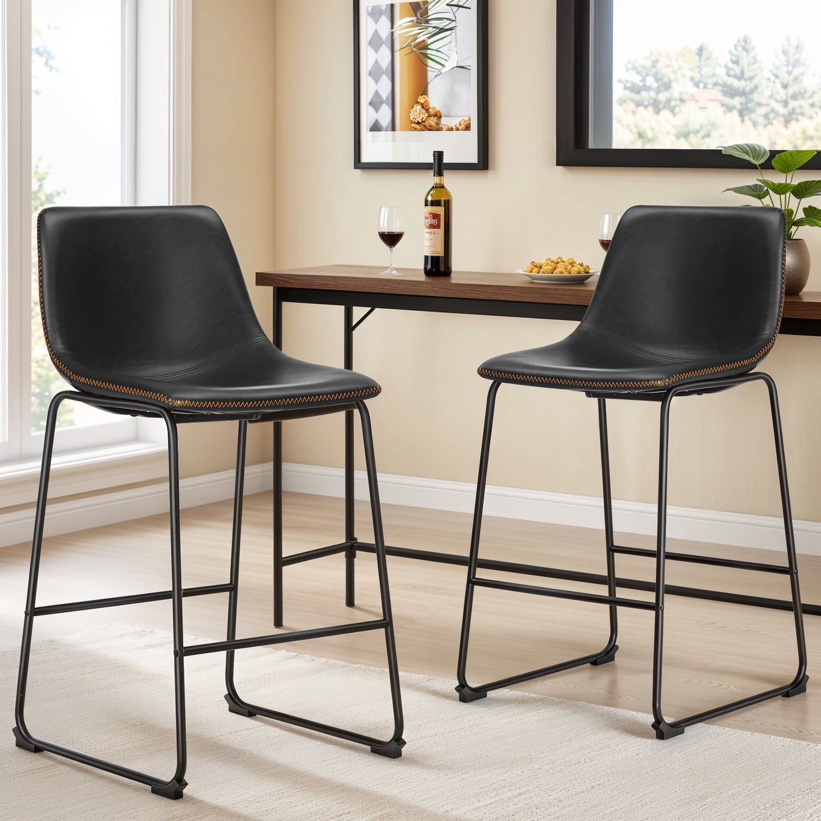 26-Inch Modern Metal Bar Stools | Brown Faux Leather (Set of 2)