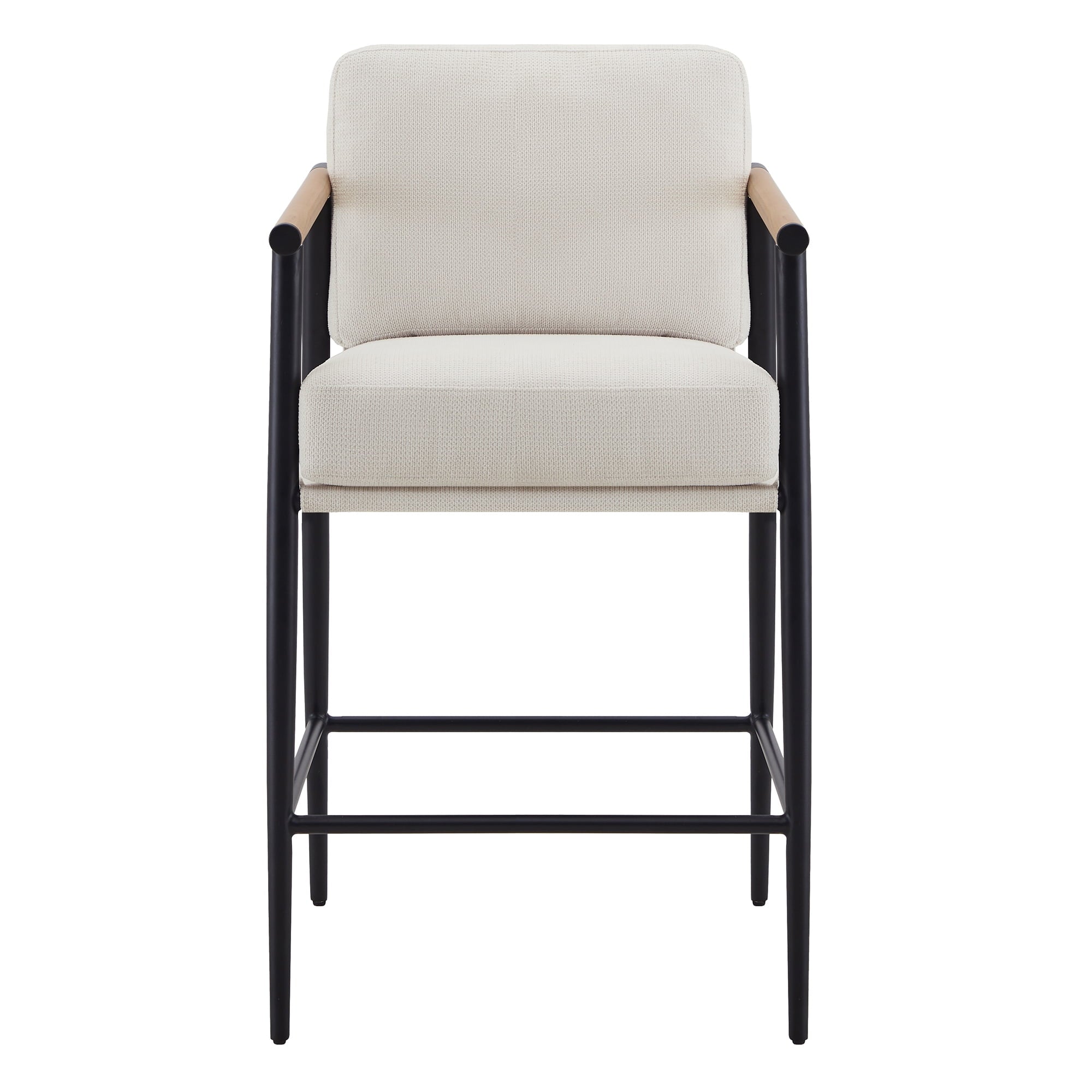 Modern Upholstered Bar Stools with Metal Frame and Wooden Armrests, Fabric in Beige