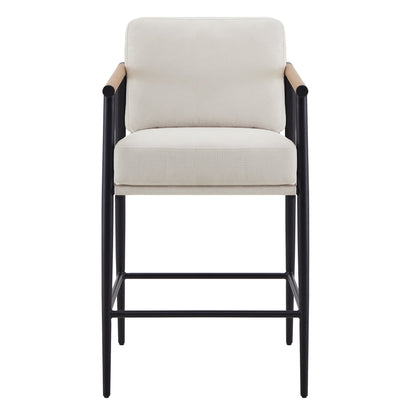 Modern Upholstered Bar Stools with Metal Frame and Wooden Armrests, Fabric in Beige