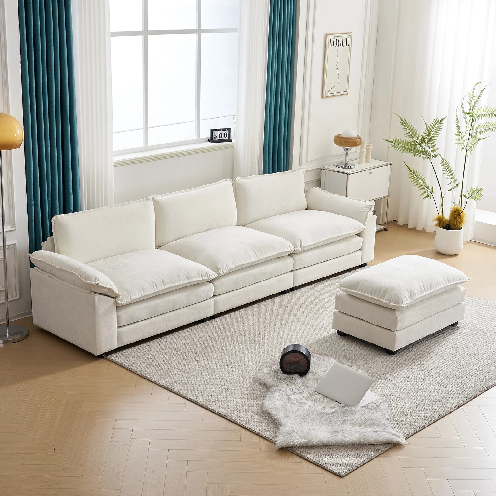 Sectional Sofa with Ottoman, L Shaped Convertible Couch with Removable Chaise Chenille Fabric Sofa Set for 4-6 Persons Living Room Furniture Beige