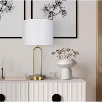 Streamside 20 In. Brushed Gold Standard 1-Light Table Lamp with White Fabric Drum Shade