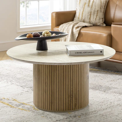 Marrina 31.5"W Modern Coffee Table with Vertical Fluted Wooden Base