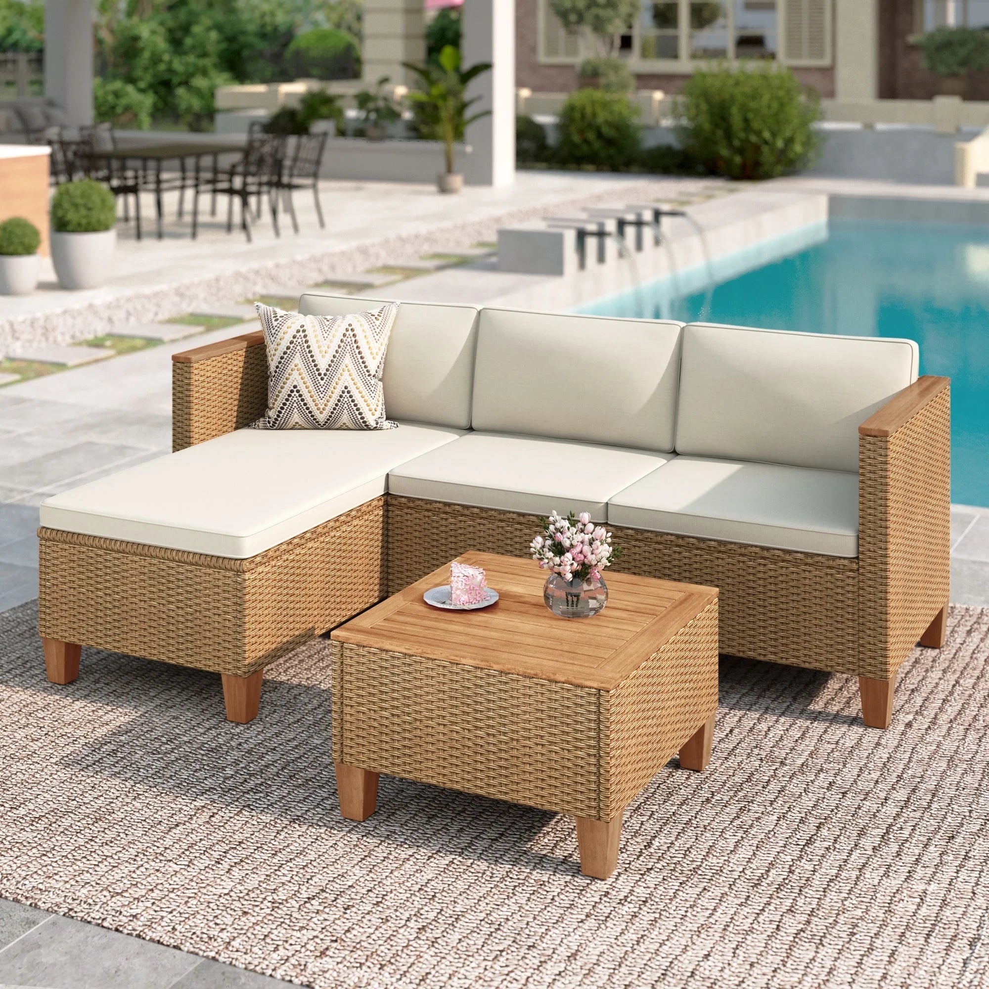 3-Piece Patio Furniture Conversation Set, Weather-Resistant Wicker Outdoor Sectional Sofa Set with Table & Cushions, Small Balcony & Porch Friendly