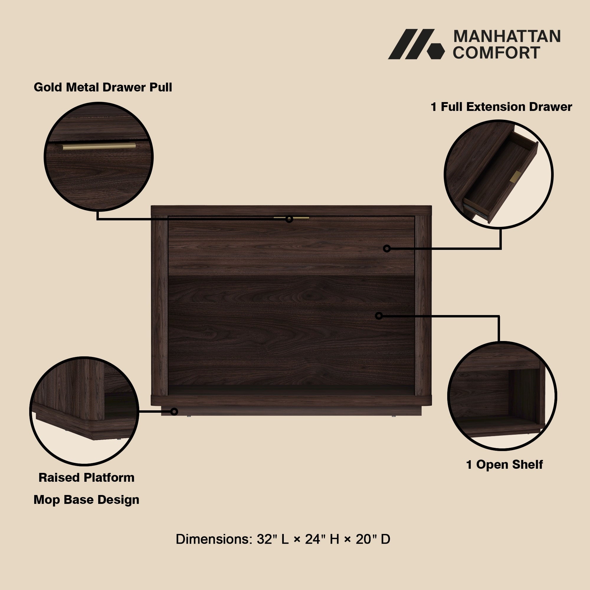 Evelyn Modern 32 Brown Nightstand 2.0 with 2 Full Extension Drawers - Set of 2