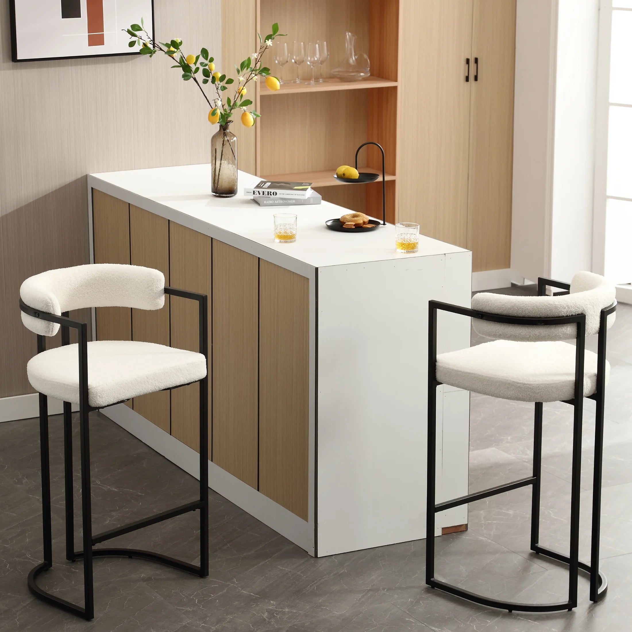 Fabio 30" Upholstered Bar Height Bar Stools with Metal Frame, White/Fur(Set of 4)