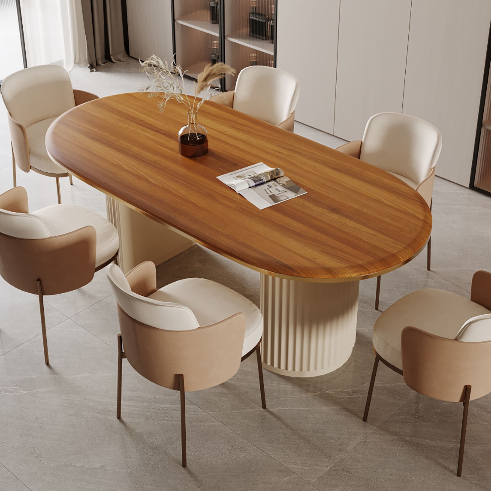 71" Mid Century Wood Rectangular Dining Table for 6, Oval Kitchen Table with Double Legs, Brown