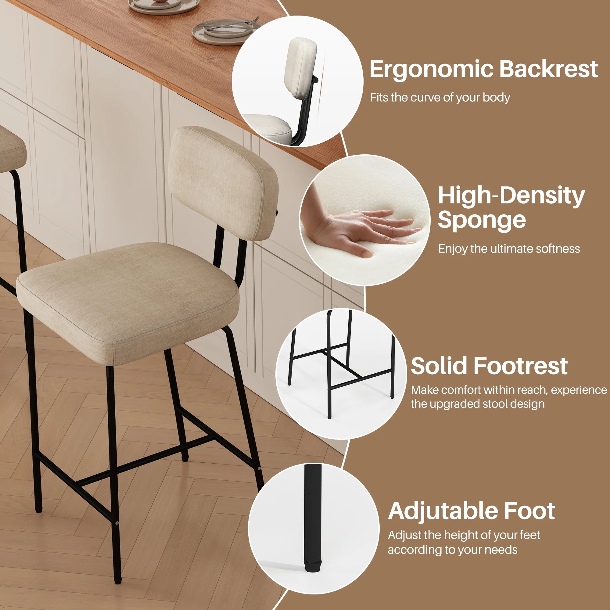 Bar Stools Set of 2, 26" Counter Height Barstools with Back and Footrest, Square Fabric Upholstered Stools, White