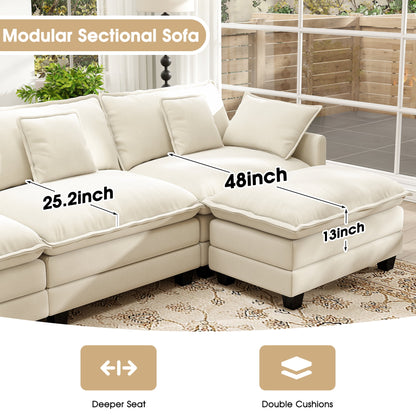 111.5" Modular U-Shaped Sectional Sofa - 3-Seat Beige Cloud Couch with Movable Ottomans