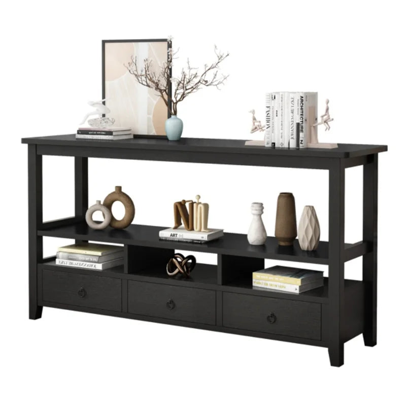 3 Tier Vintage Solid Console Table with 3 Drawers and Shelves, Industrial Console Table Coffee Table for Living Room