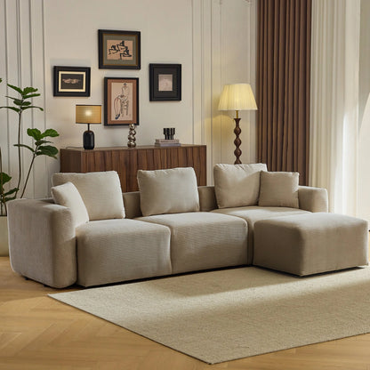 L-Shaped Sectional Sofa 112" W 3-Seater Corduroy Boneless Couch with Movable Ottoman Chaise