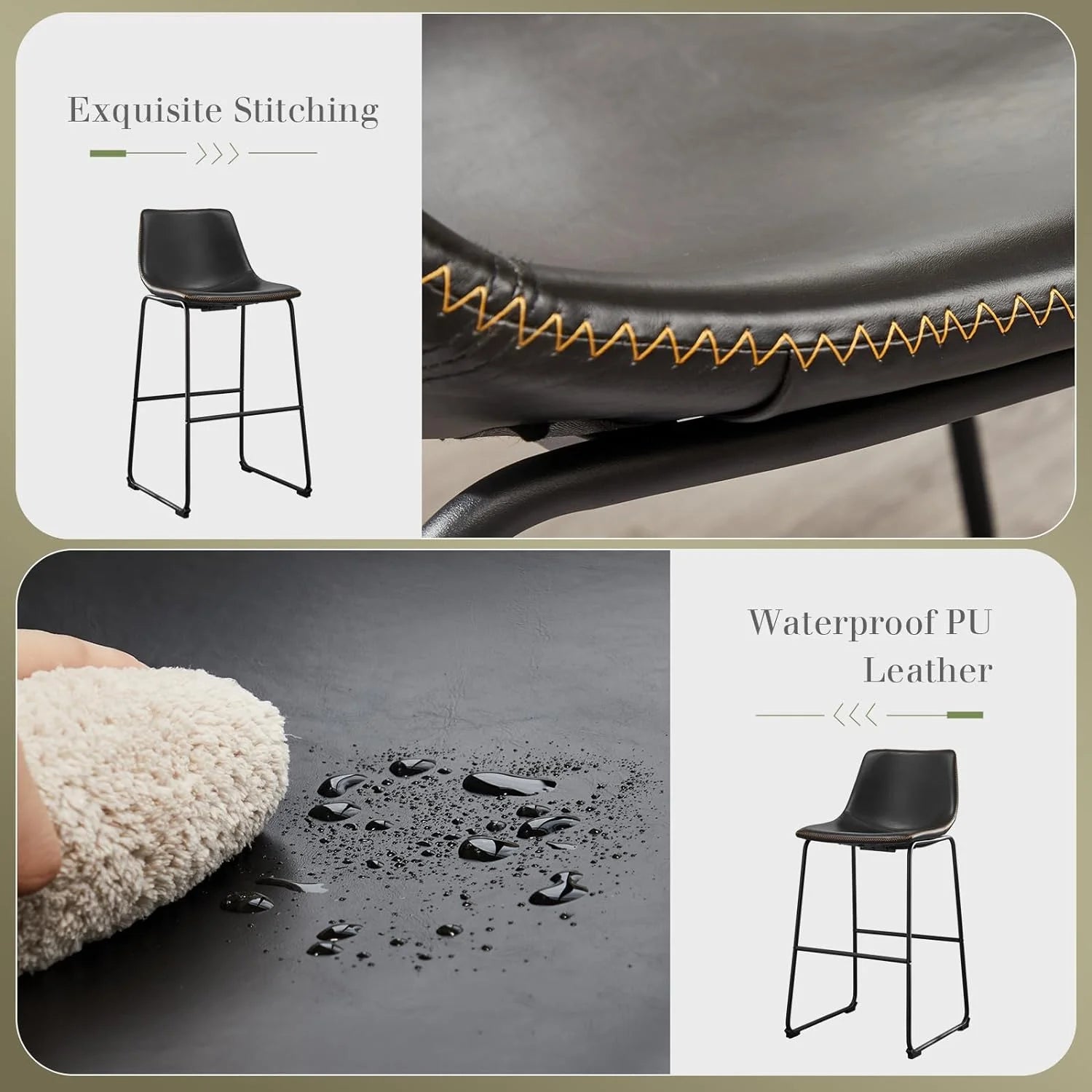 30 Inch Barstools High PU Leather Counter Bar Stool with Back and Footrest Set of 2, Black