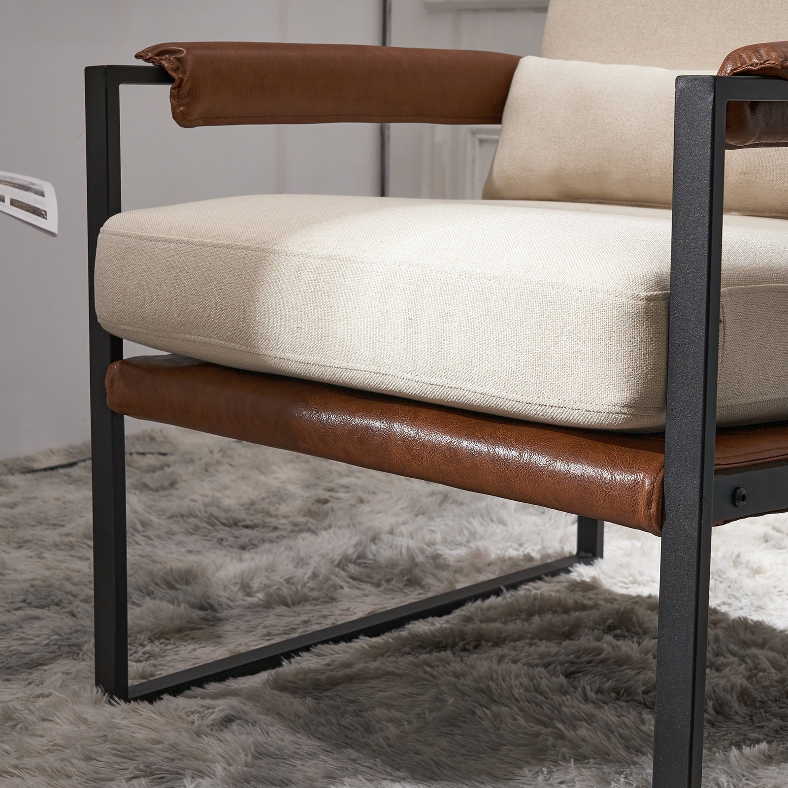 Accent Chair Lounge Armchair Modern Linen Fabric Upholstered Single Sofa with Black Coated Metal Frame Creamy White and Brown
