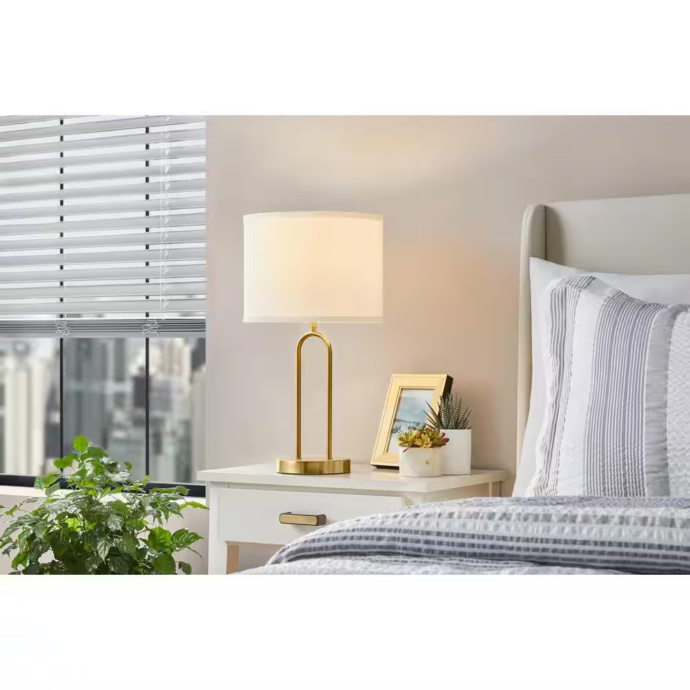 Streamside 20 In. Brushed Gold Standard 1-Light Table Lamp with White Fabric Drum Shade