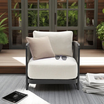 Modern Rope Woven Patio Chair with Aluminum Frame and Wood Grain；Weather-Resistant Outdoor Armchair for Pool and Garden (Only 1 Chair)