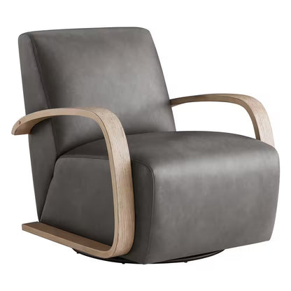 Ella Dark Grey Leather Swivel Accent Chair with Grey Solid Wood Arm Modern Armchair for Living Room or Bedroom