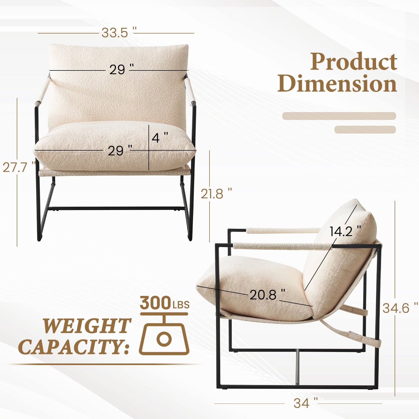 29" Modern Ivory White Faux Fur Sling Accent Chair - Metal Frame Upholstered Armchair