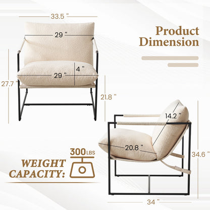 29" Modern Ivory White Faux Fur Sling Accent Chair - Metal Frame Upholstered Armchair