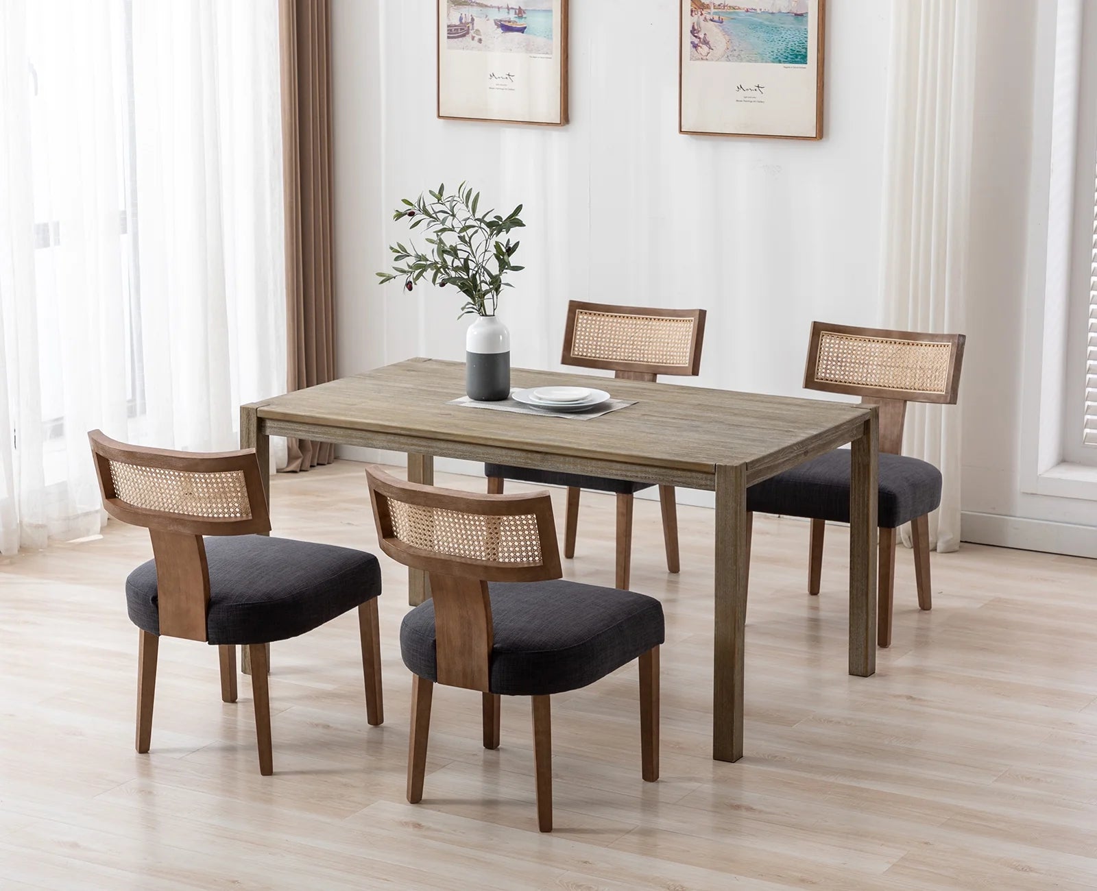 Modern Rattan Backrest Dining Chairs Set of 2, Mid-Century Farmhouse Linen Upholstered Kitchen Chairs Solid Wood Side Chairs for Kitchen Dining Room Living Room, Charcoal