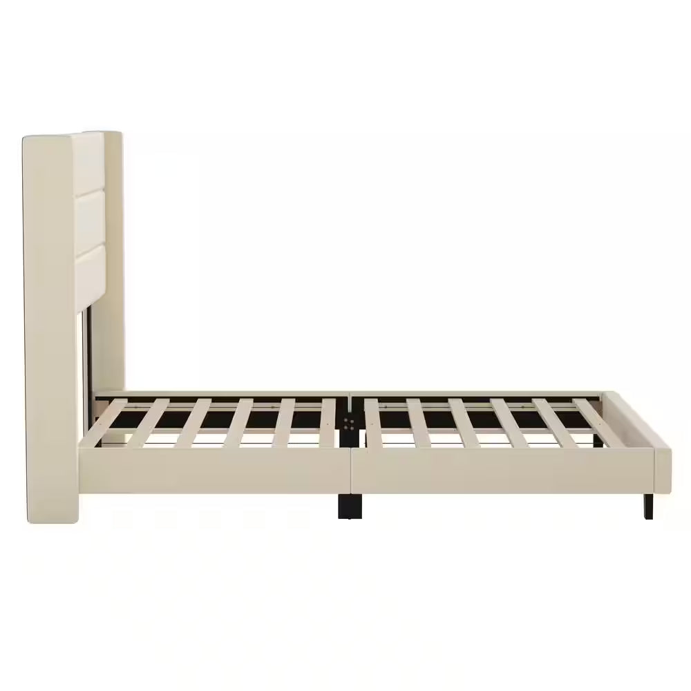 Beige Wood Frame Queen Platform Bed