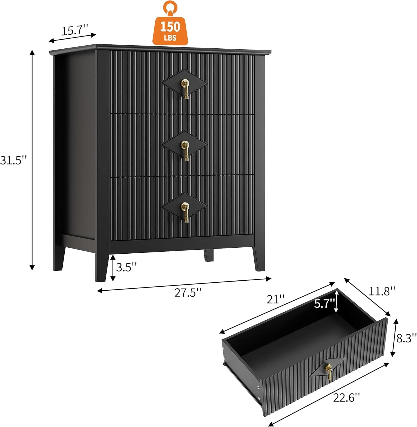 Fluted Dresser for Bedroom 27.5" Wide, 3-Drawer Wood Dresser Nightstand for Bedroom, Modern Chest of Drawers, Storage Organizer Cabinet for Living Room, Hallway, Entryway, Black