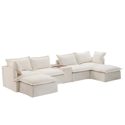 131'' Modular Sectional Sofa with Movable Ottoman and Console, Cup Holder, Wide Seat, 6 Seat U Shaped Couch, Oversized Chenille Sofa with USB Charger for Living Room, Apartments (Beige)