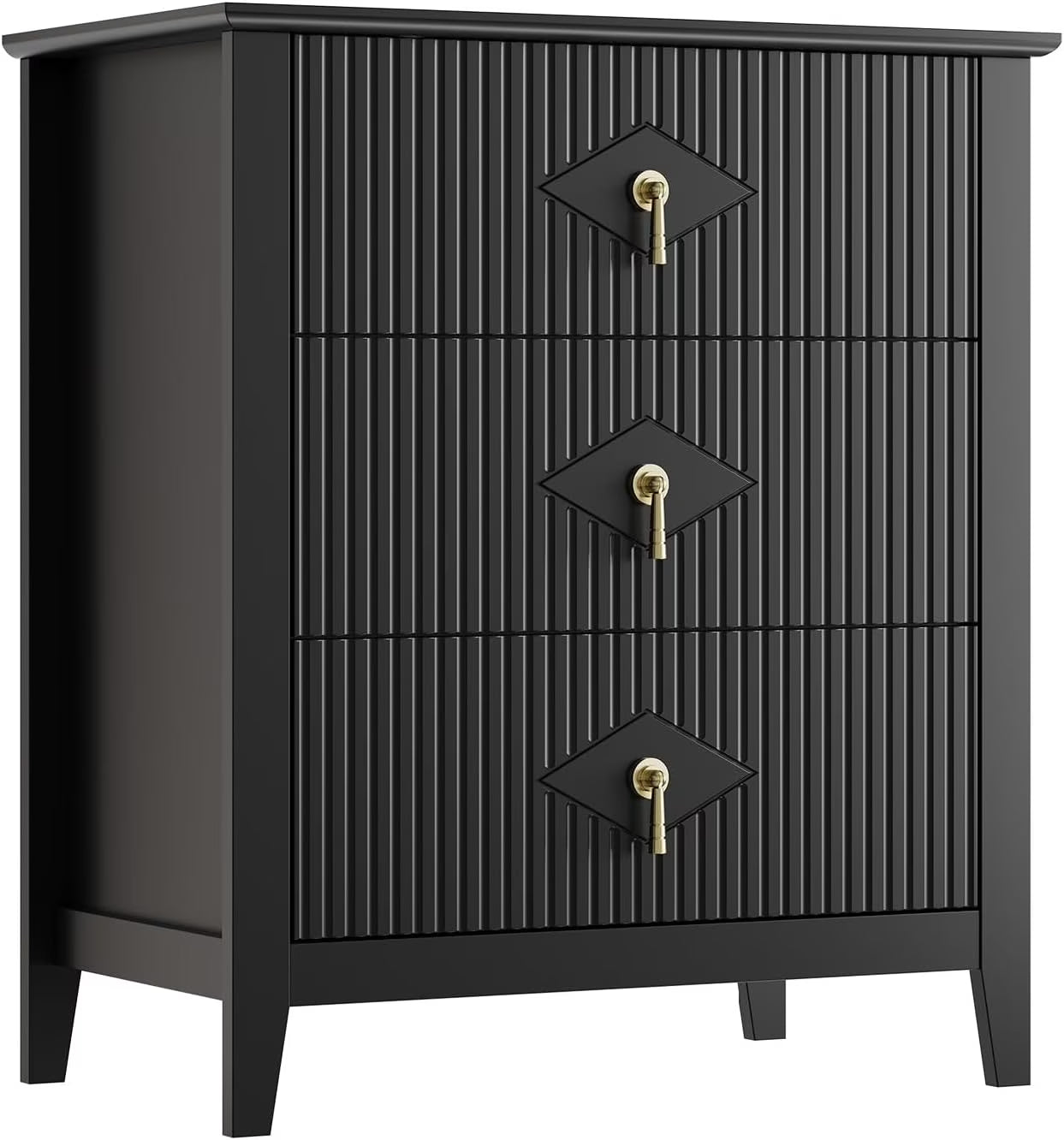 Fluted Dresser for Bedroom 27.5" Wide, 3-Drawer Wood Dresser Nightstand for Bedroom, Modern Chest of Drawers, Storage Organizer Cabinet for Living Room, Hallway, Entryway, Black