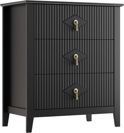 Fluted Dresser for Bedroom 27.5" Wide, 3-Drawer Wood Dresser Nightstand for Bedroom, Modern Chest of Drawers, Storage Organizer Cabinet for Living Room, Hallway, Entryway, Black