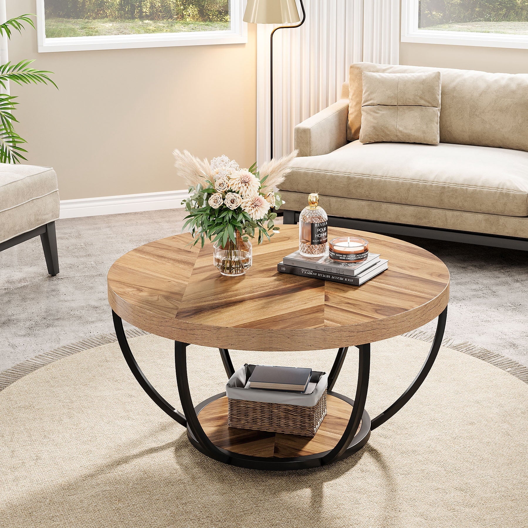 32" Round 2-Tier Coffee Table with Storage - Modern Wood & Metal