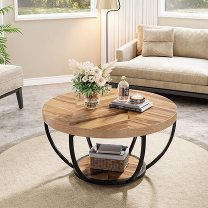 32" Round 2-Tier Coffee Table with Storage - Modern Wood & Metal
